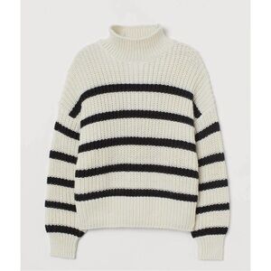 H&M Chunky Knit Sweater Cream and Black Stripe Turtleneck Cowl Neck